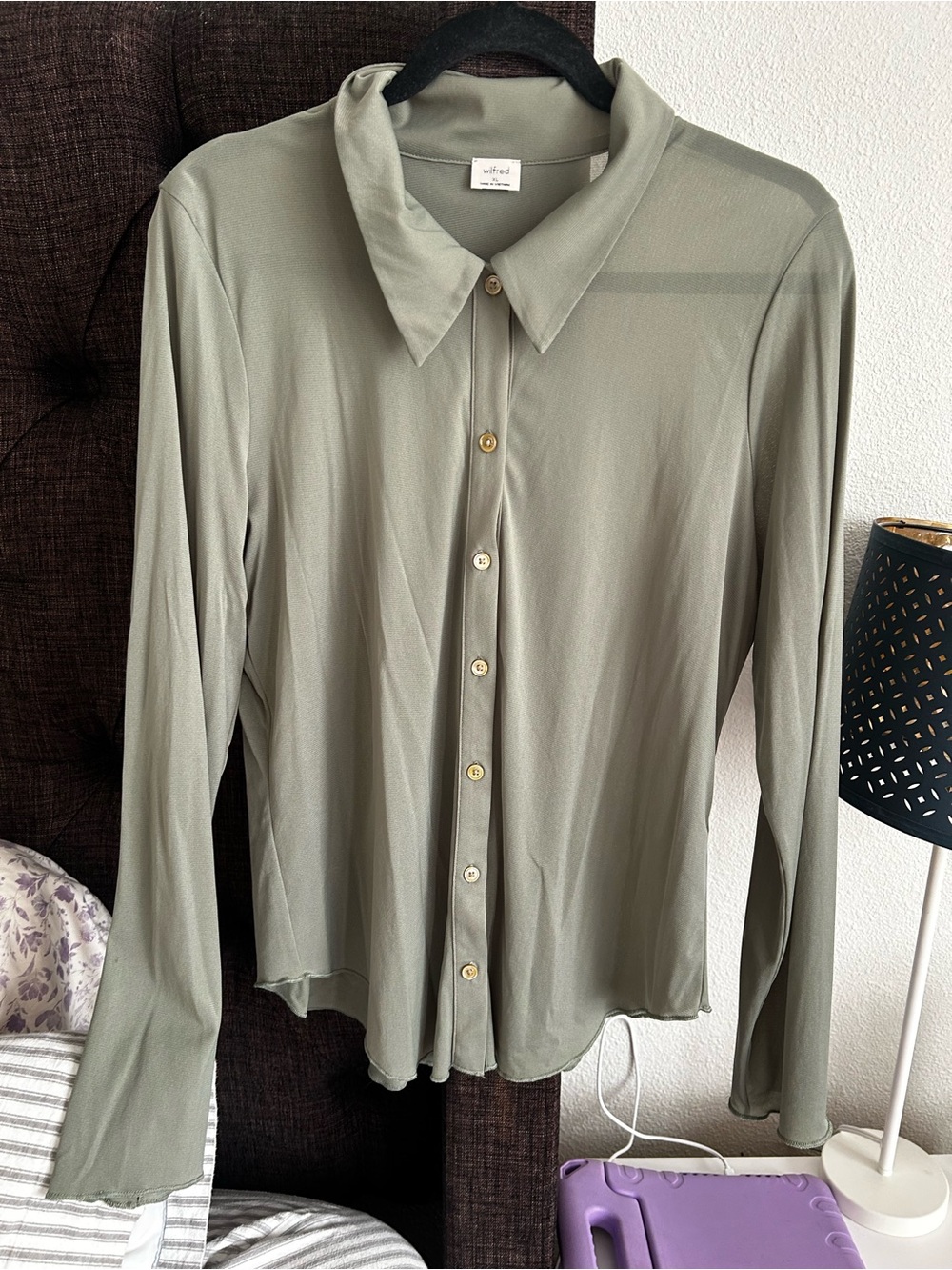 Wilfred Olive Green Sheer Button-Down Long Sleeve Shirt
